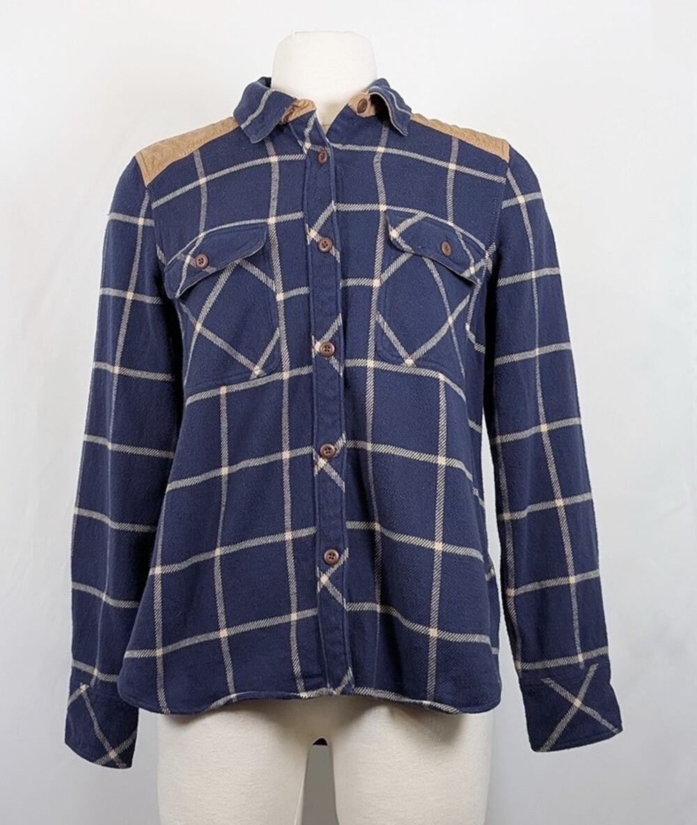 Faherty Daly Navy Blue Olivia Plaid Cotton Flannel Shirt Women's Size L
